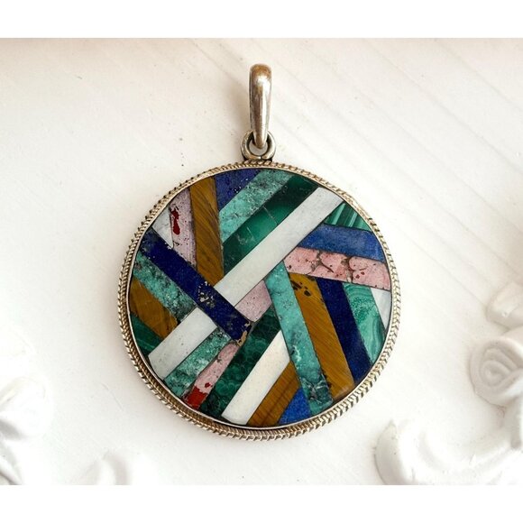 Jewelry - RARE & Stunning Gemstone Inlay Geometric Southwest Artisan 925 Vintage Pendant